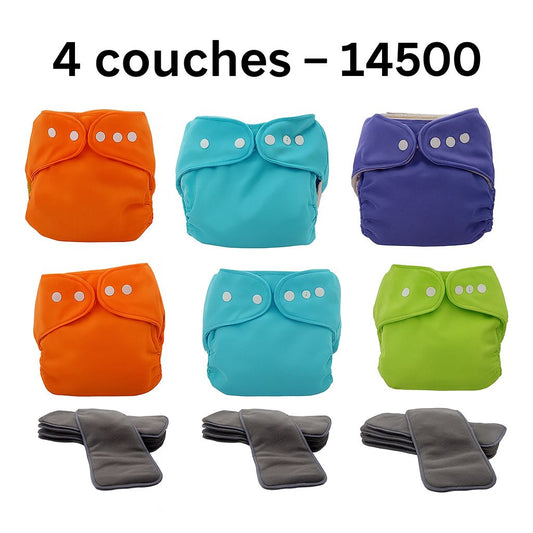 Couche Lavable Bebe 0 a 2 ans - Pack 4 Couches Lavables en Tissu  + 4 Inserts en coton